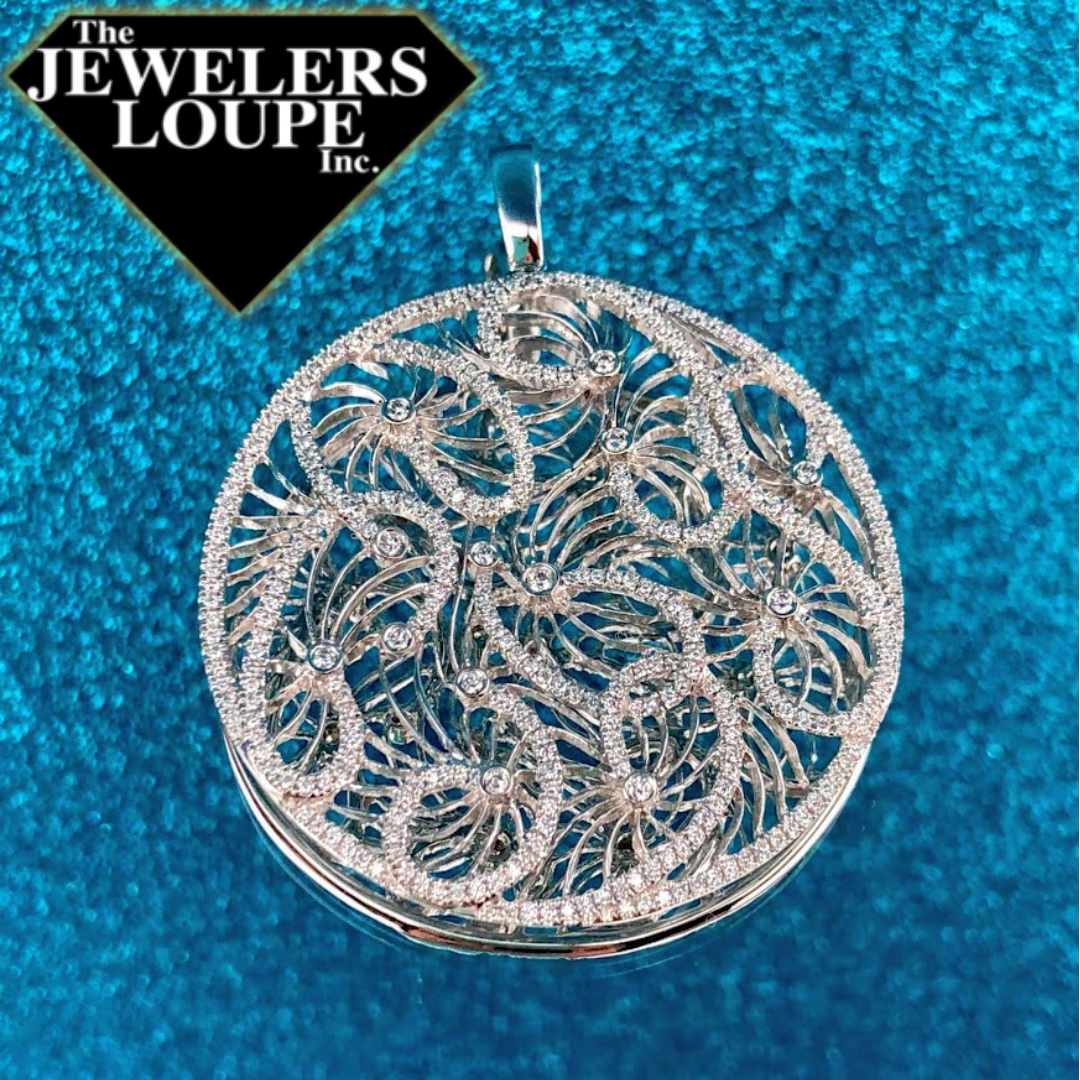 Large 1.10ctw Diamond Pendant with Filigree Swirl Pattern in 14K White Gold, measures 2" including the bail.