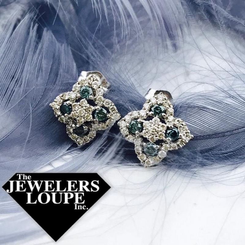 .70ctw White and Blue Diamond Clover Shaped Stud Earrings set in 14K White Gold.