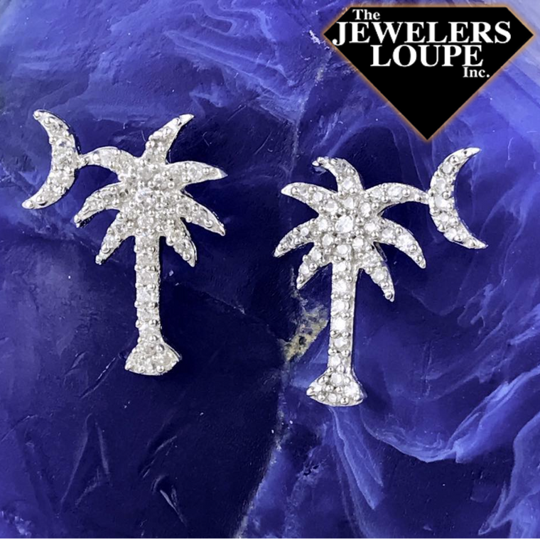 Sterling Silver and Cubic Zirconia Palmetto Tree and Moon Stud Earrings (74937)
