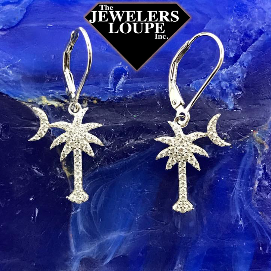 Sterling Silver and Cubic Zirconia Palmetto Tree and Moon Earrings