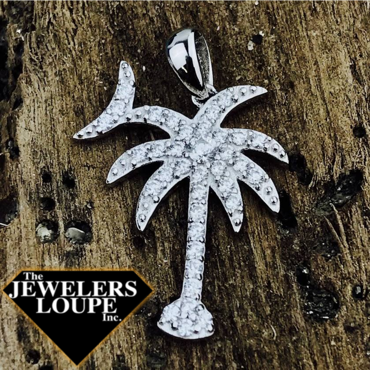 Sterling Silver and Cubic Zirconia Palmetto Tree and Moon Pendant, Large (74945)