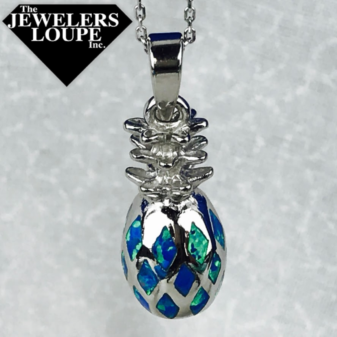 Sterling Silver Blue Inlay Created Opal Pineapple Necklace