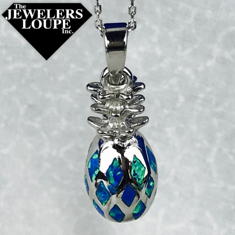 Sterling Silver Blue Inlay Created Opal Pineapple Necklace (76731)