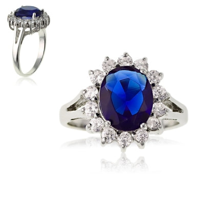 Sterling Silver Oval Created Sapphire and CZ Princess Diana Replica Ring, Size 7 (90651)