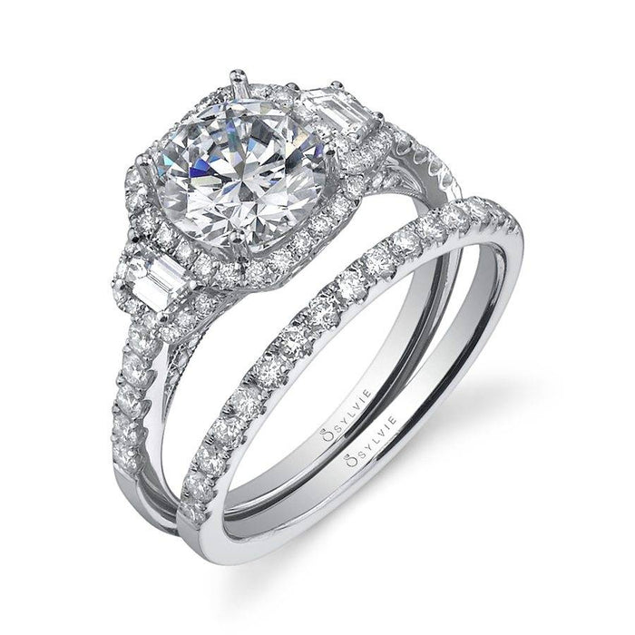 Sylvie Collection 14K White Gold .72ctw Diamond Three Stone Cushion Halo Engagement Ring Semi-Mount