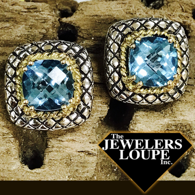 Andrea Candela Sterling Silver and 18K Gold Cushion Cut Blue Topaz Earrings (78258)