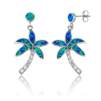 Sterling Silver Created Blue Opal Inlay and CZ Palm Tree Earrings (94848)