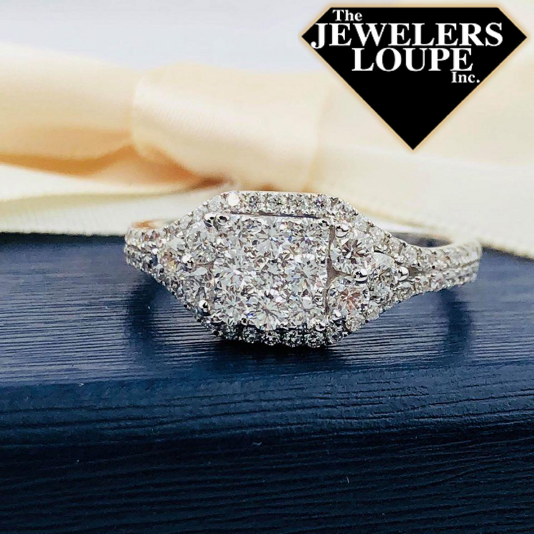 18K White Gold .87ctw Diamond Pave Square Halo Cluster Ring (80159)