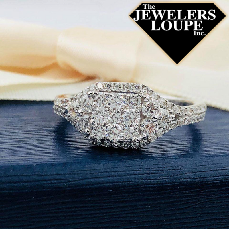 Pave Set Square Halo Style Cluster Ring set with .87ctw Diamonds in 18K White Gold.