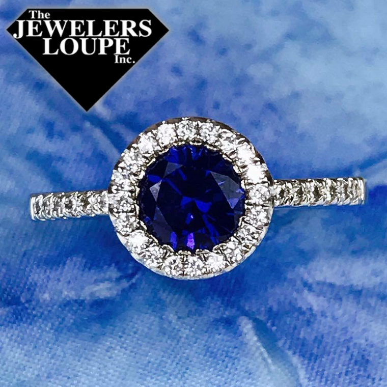 Lafonn Simulated Diamond and Lab-Created Sapphire Round Halo Ring in Sterling Silver, Size 7 (80472)