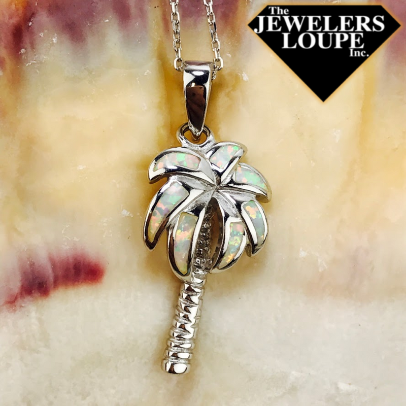 Sterling Silver Created White Opal Inlay Palm Tree Pendant with 18" Sterling Silver Chain.
