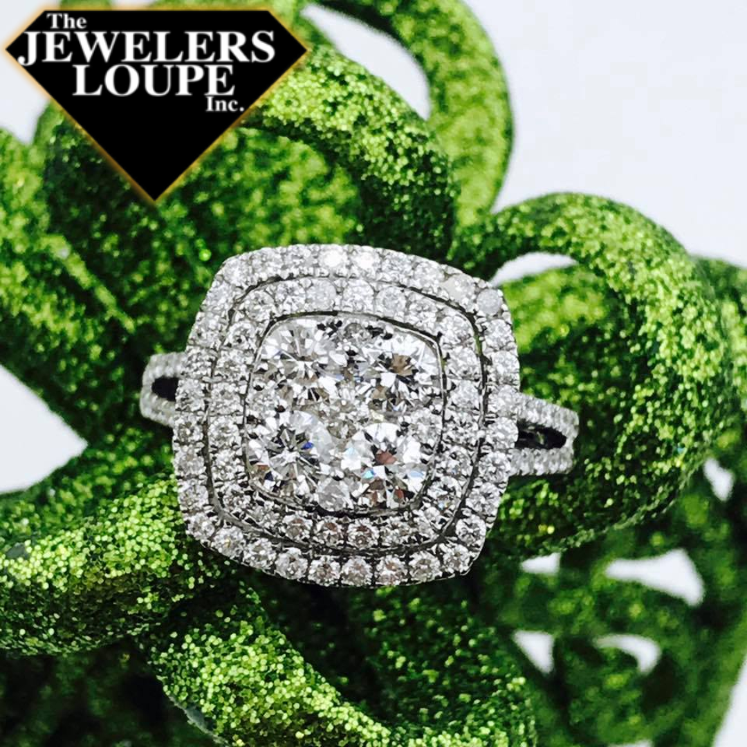 Square Shaped Double Halo with Cluster Center and Split Shank Ring set with 1.07ctw Diamonds in 14K White Gold.