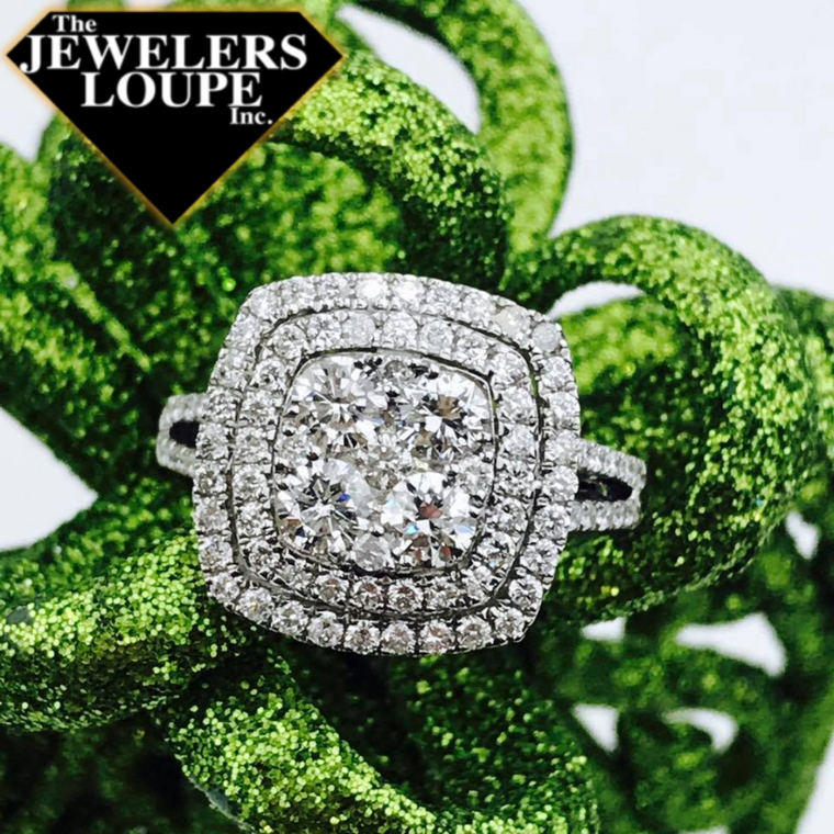 14K White Gold 1.07ctw Diamond Square Double Halo Cluster Ring (82565)