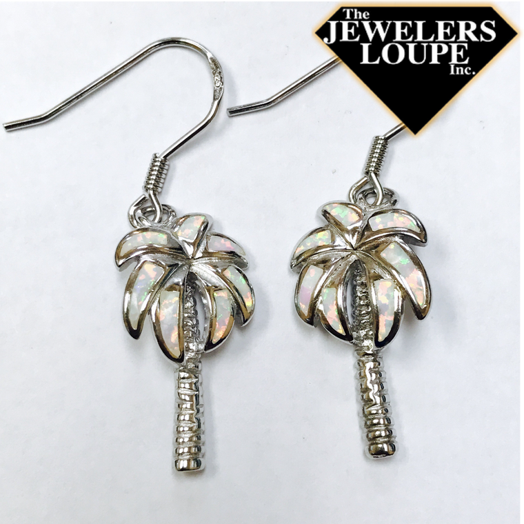 Sterling Silver Created White Opal Inlay Palm Tree Earrings (83107)
