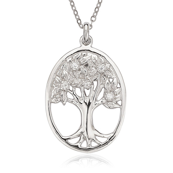 Sterling Silver Oval Tree of Life Pendant with Cubic Zirconia Accents and 18" Sterling Silver Chain.