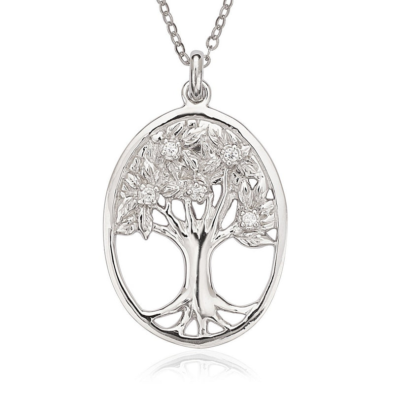 Sterling Silver Oval Tree of Life Pendant with Cubic Zirconia Accents and 18" Sterling Silver Chain.