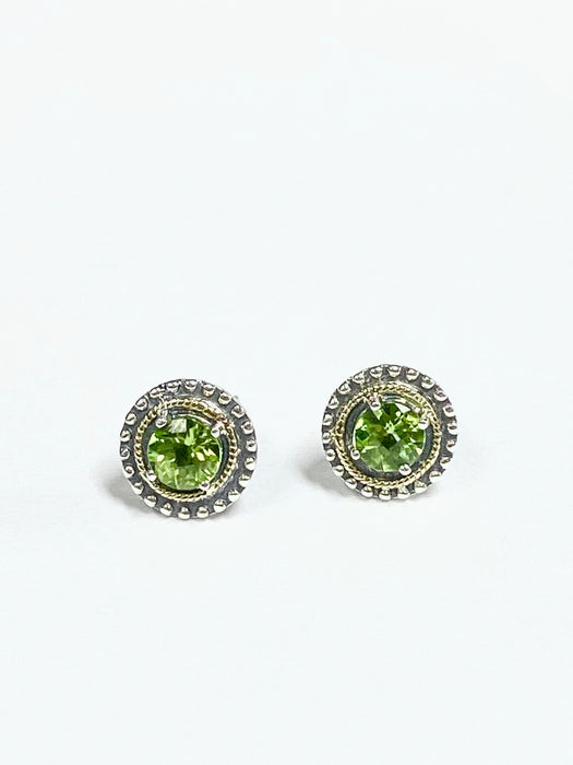 Genuine 1.20ctw peridot earrings set in sterling silver with 18K yellow gold rope border