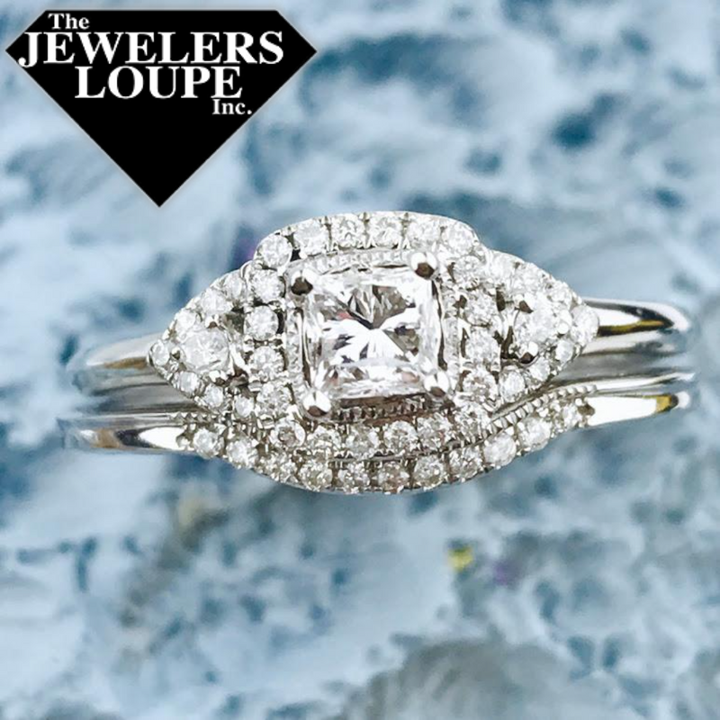 Halo Style Bridal Set with Princess Cut Center Stone and Matching Curved Band with .55ctw Diamonds in 14K White Gold.