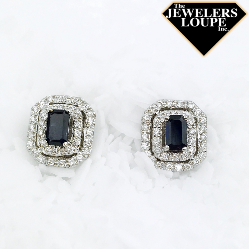 Double Halo Stud Earrings with .35ctw Diamond and .65ctw Emerald Cut Sapphires in 14K White Gold.