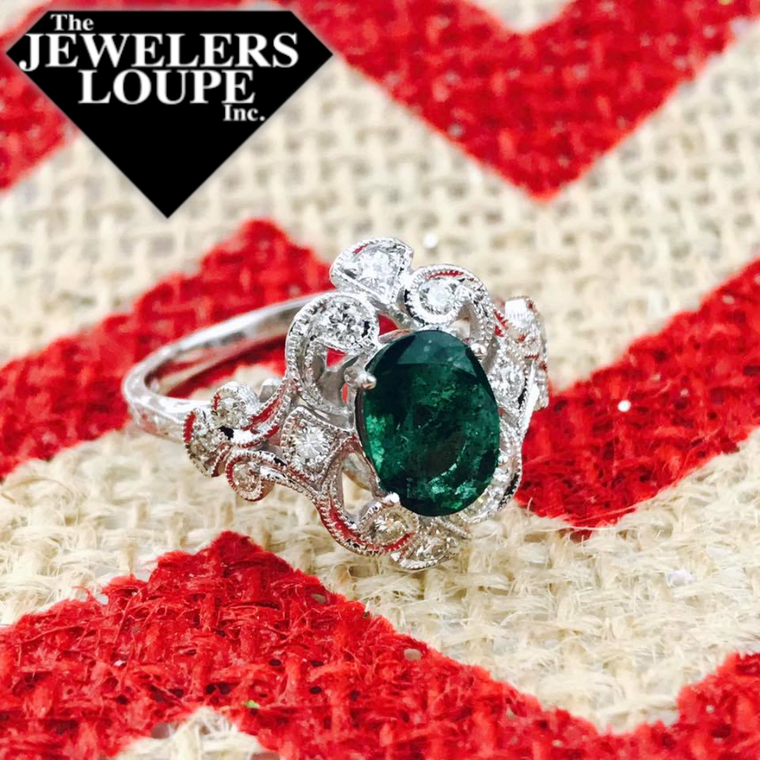 14K White Gold .29ctw Diamond and 1.25ctw Emerald Vintage Style Ring (84814)