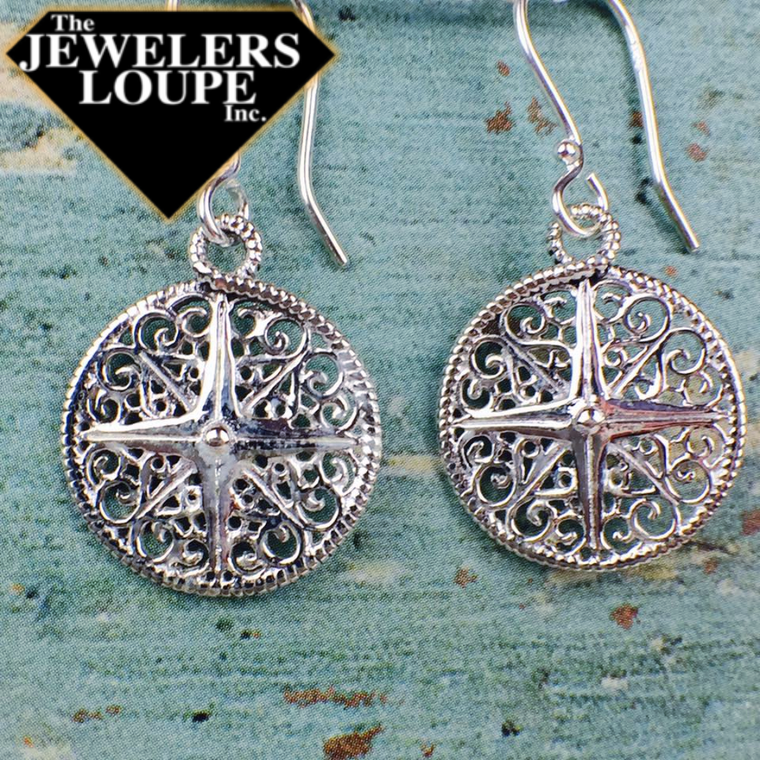 Southern Gates Harbor Series Sterling Silver Filigree Compass Earrings (88111)