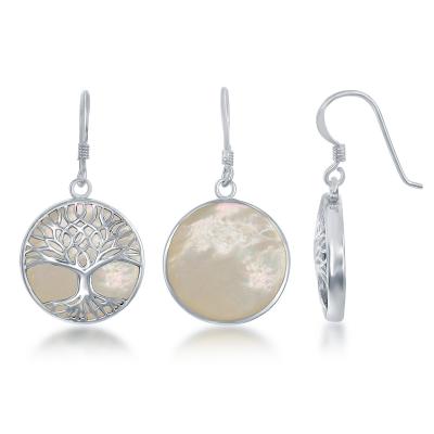 Sterling Silver Round White Mother of Pearl Tree of Life Earrings (88609)