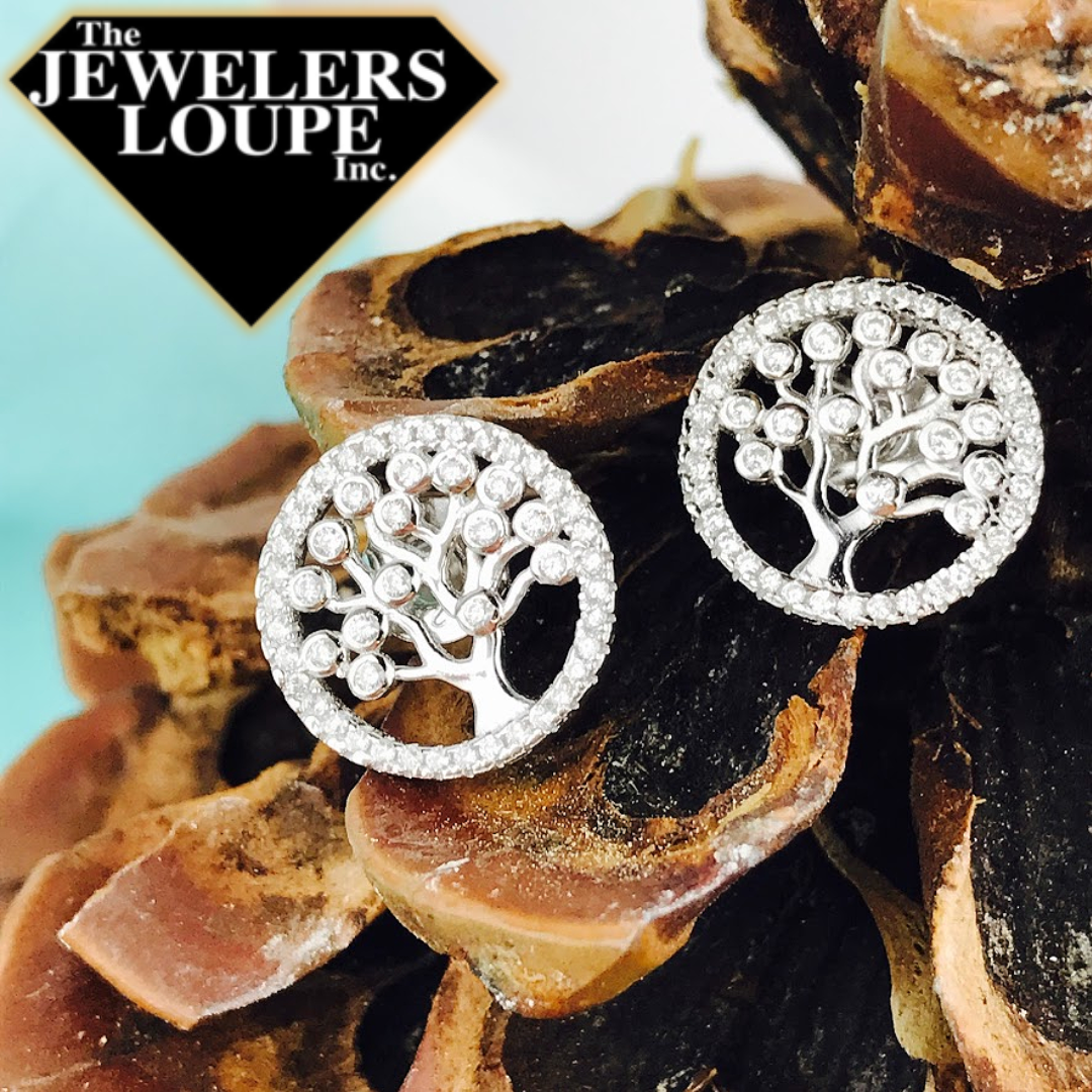 Sterling Silver Round Cubic Zirconia Tree of Life Earrings.