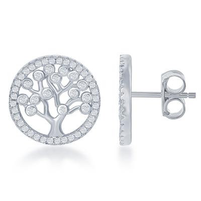 Sterling Silver Round Cubic Zirconia Tree of Life Earrings (88610)