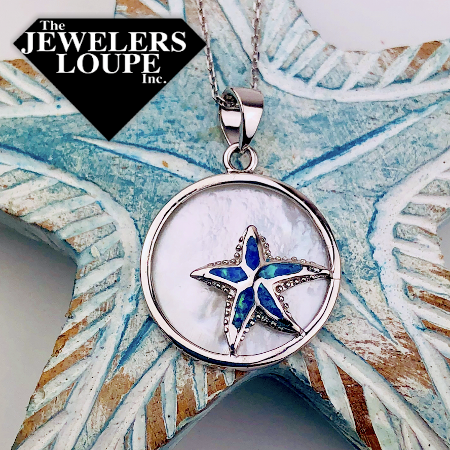 Sterling Silver Mother of Pearl and Created Opal Starfish Necklace with 18" Sterling Silver Chain.