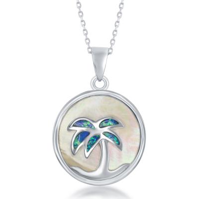 Sterling Silver Mother of Pearl and Created Opal Inlay Palm Tree Necklace