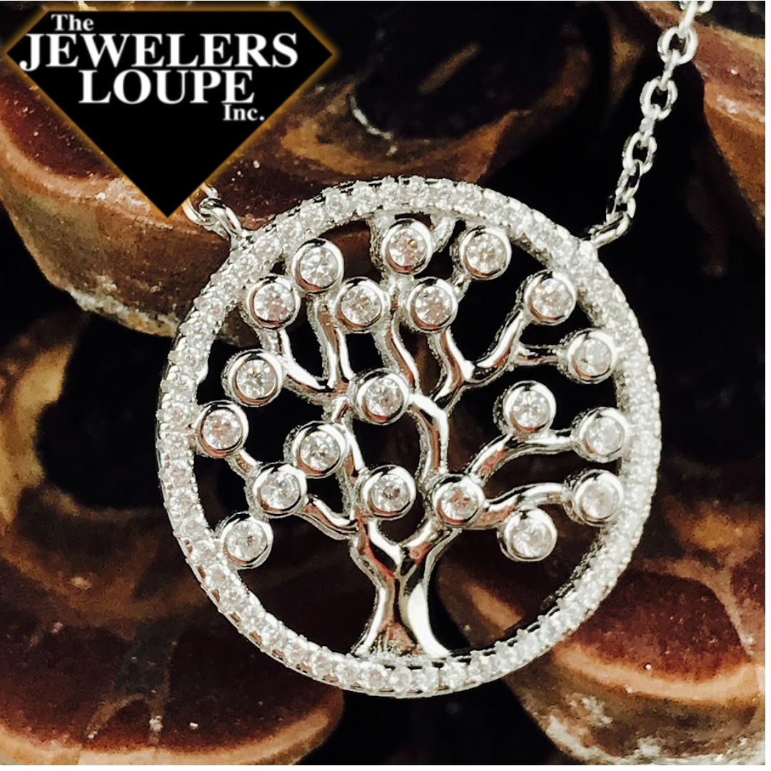 Sterling Silver Round CZ Tree Necklace on 17+1" Sterling Silver Chain.