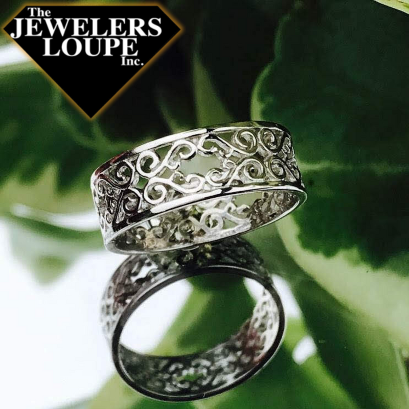 Southern Gates Rhodium Plated Balcony Ring Balcony Series Whole Sizes: 6-9 Rhodium plated 925 sterling silver Designed in Charleston, SC Inspired by beautiful wrought iron balconies that grace the South, this series features strong lines and delicate details in sterling silver.