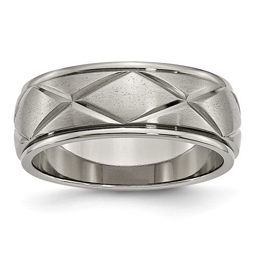 Titanium Polished X-Design 8mm Satin Center Ridged Edge Band, Size 11 (89751)