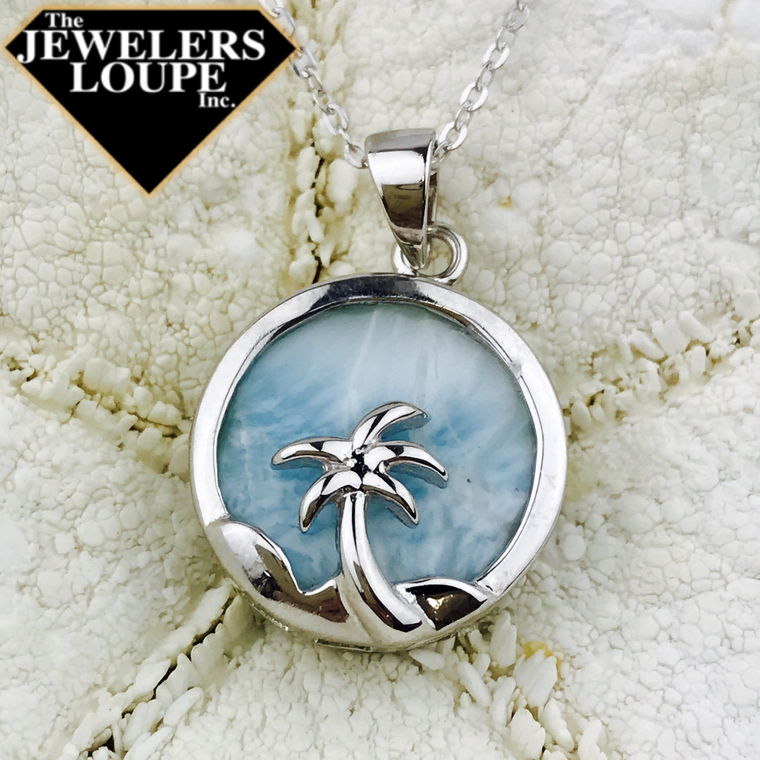 Sterling Silver Palm Tree and Bezel Set Larimar Necklace (90159)