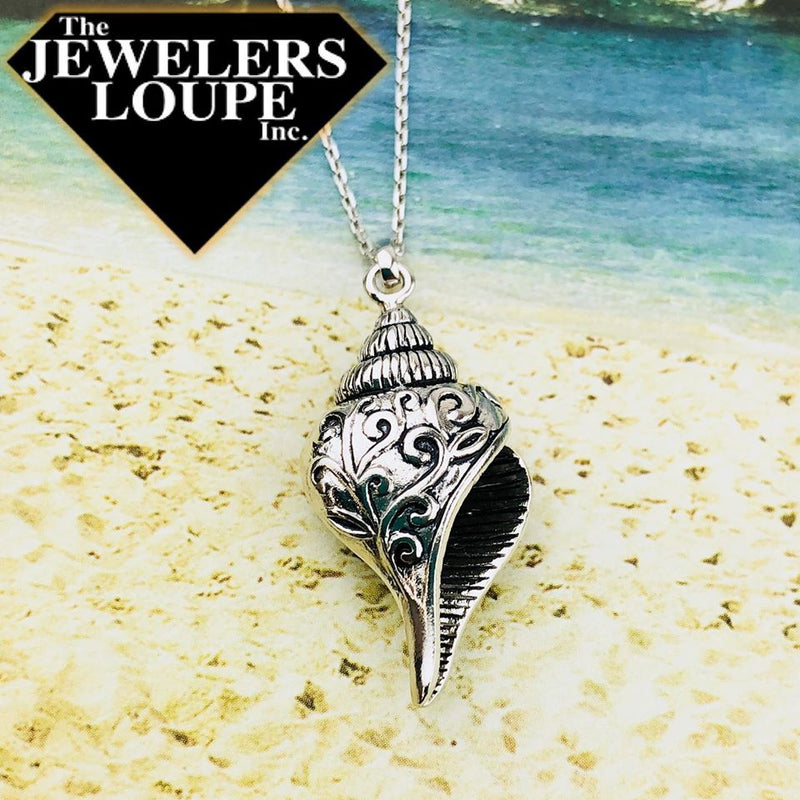 Sterling Silver Antique Finish Seashell Pendant with 18" Sterling Silver Chain.