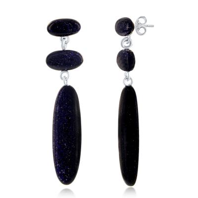 Sterling Silver Triple Oval Blue Sandstone Earrings (90490)