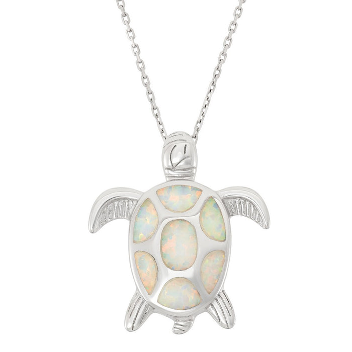 Sterling Sliver White Inlay Created  Opal Sea Turtle Necklace