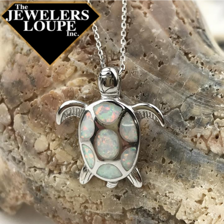 Sterling Sliver White Inlay Created  Opal Sea Turtle Necklace (90639)