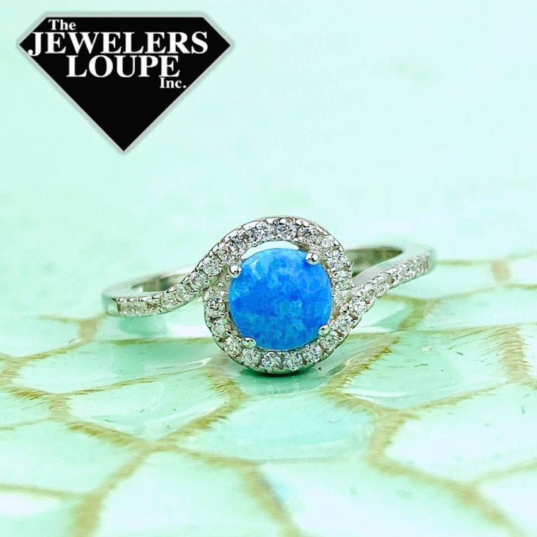 Sterling Silver Created Blue Opal Inlay CZ Halo Ring, Size 7 (90827)