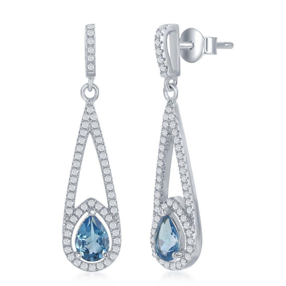 Sterling Silver Long Open Dangle  0.9ctw White Topaz with Smaller 1.6ctw Swiss Blue Teardrop Earrings by Bellissima.