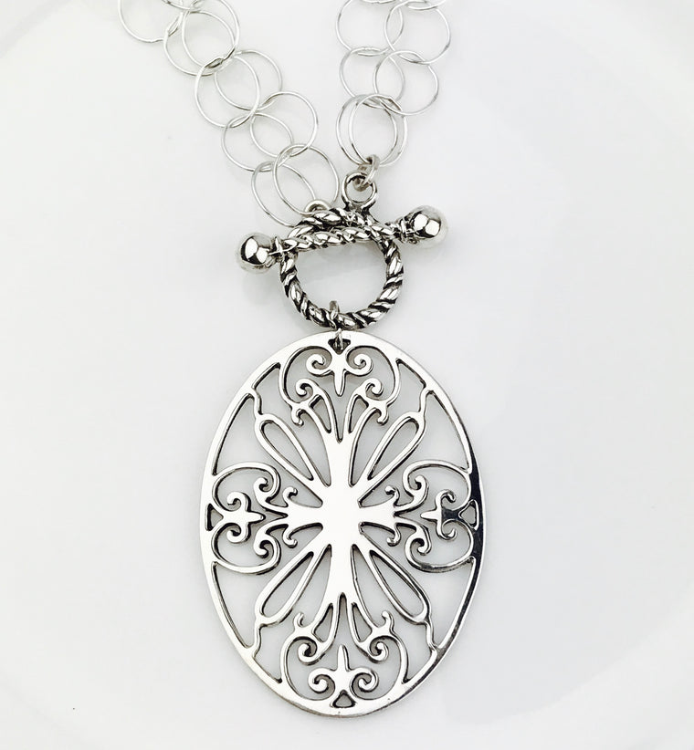 Sterling Silver Charleston Gates St. Philip's Large Oval Pendant on Double Ring Silver Chain (90884)