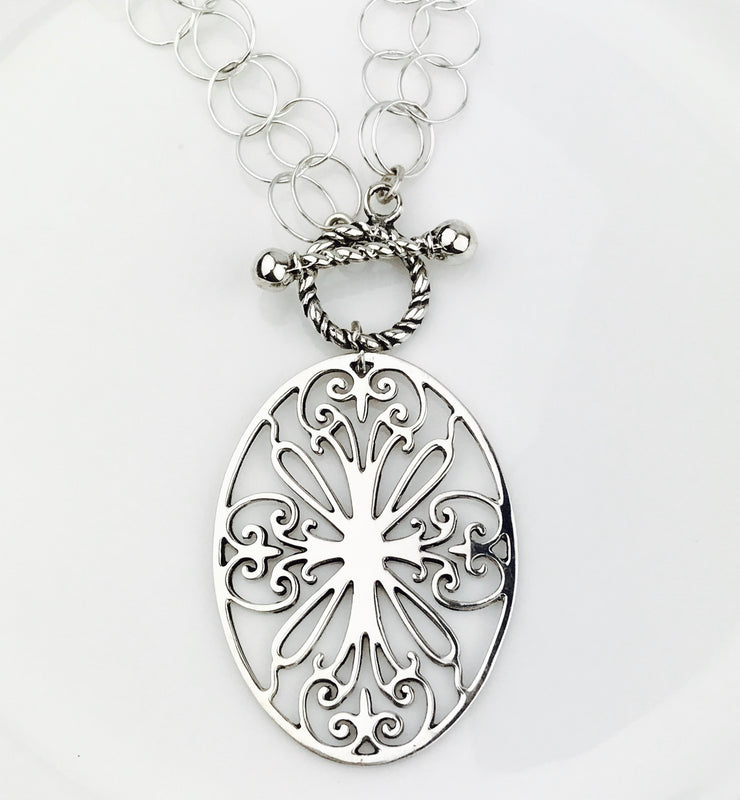 Sterling Silver Charleston Gates St. Philip's Large Oval Pendant on Double Ring Silver Chain