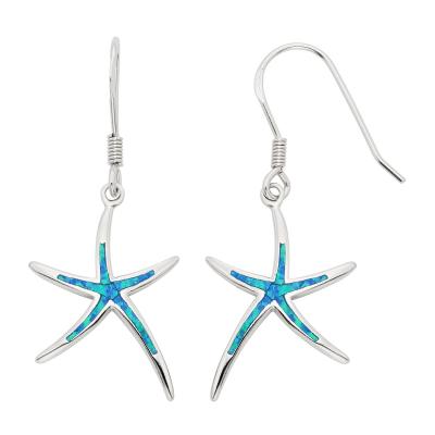 Sterling Silver Created Blue Opal Inlay Starfish Earrings (91292)