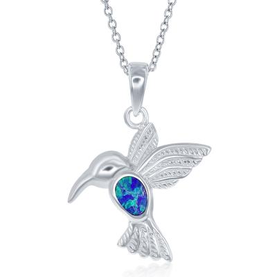 Sterling Silver Created Blue Opal Inlay Hummingbird Necklace