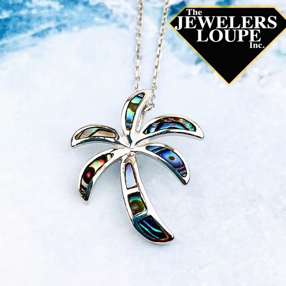 Sterling Silver Abalone Palm Tree Pendant with 18" sterling silver chain.