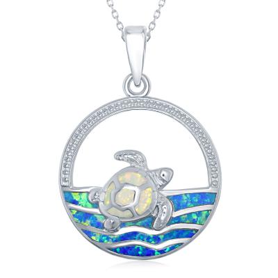 Sterling Silver White and Blue Created Opal Inlay Sea Turtle Necklace (91311)