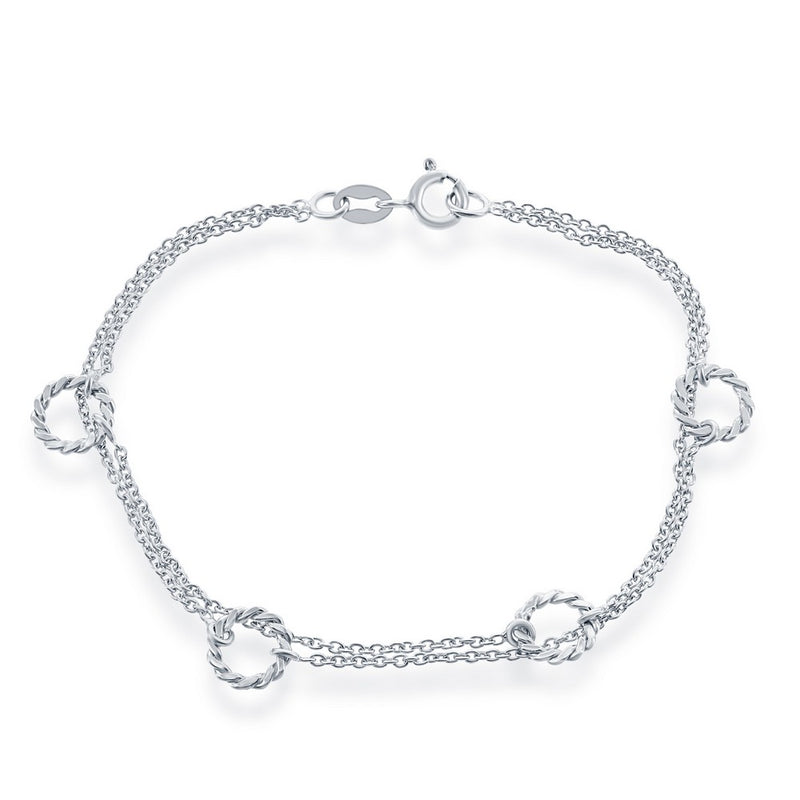 Sterling Silver Double Strand Bracelet with Rope Style Open Rings, 7".
