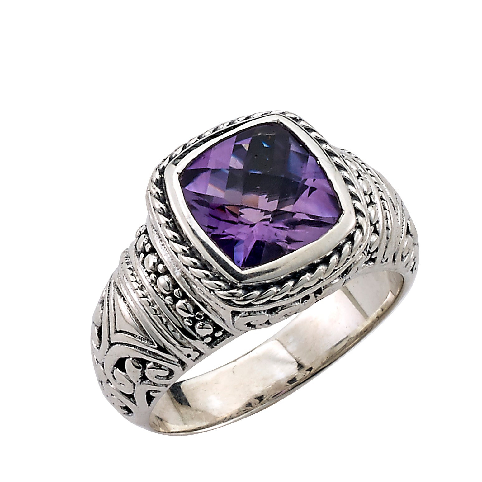 Samuel B. Sterling Silver Balinese Design Cushion Cut Amethyst Honesty Ring, Size 7. Our Sterling Silver cushion cut amethyst ring, handcrafted in Bali by our skilled artisans. From our signature collection, Royal Bali™ featuring designs handcrafted using sterling silver and genuine gemstones. The February birthstone, Amethyst, is said to strengthen relationships and give its wearer courage. At one time, only royalty could wear the gem.