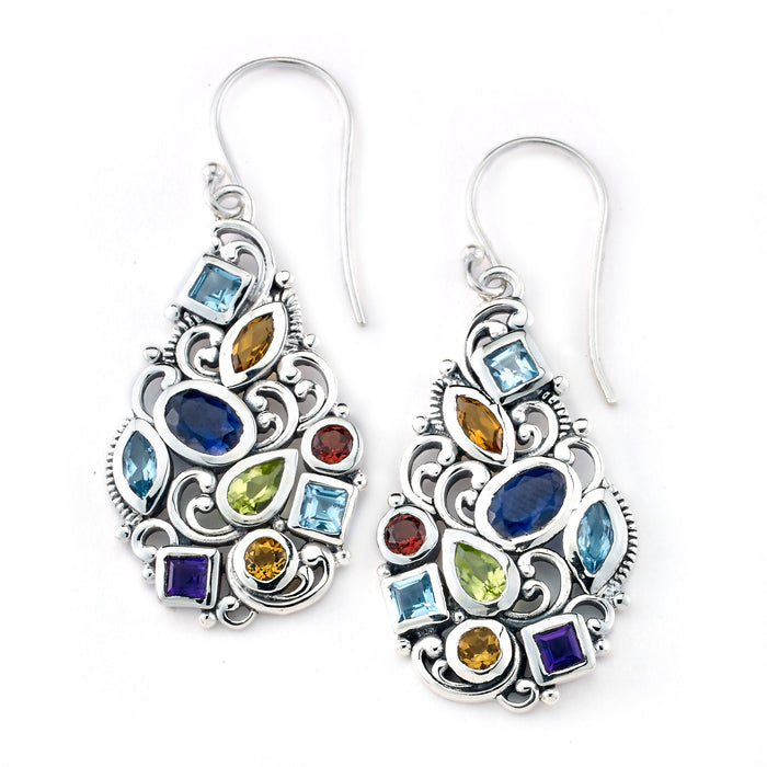 Our Sterling Silver multi gemstone, multi shape earrings, handcrafted in Bali by our skilled artisans. From our signature collection, Royal Bali™ featuring designs handcrafted using sterling silver, solid 18k gold accents and genuine gemstones.
