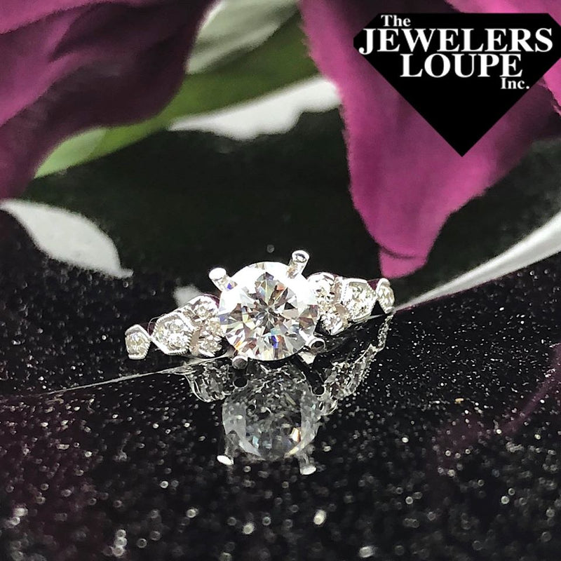 Art Deco Inspired Semi Mount Engagement Ring set with .24ctw Diamonds in 14K White Gold. Shown with 1 carat center stone. Price does not include center stone. *center stone priced separa